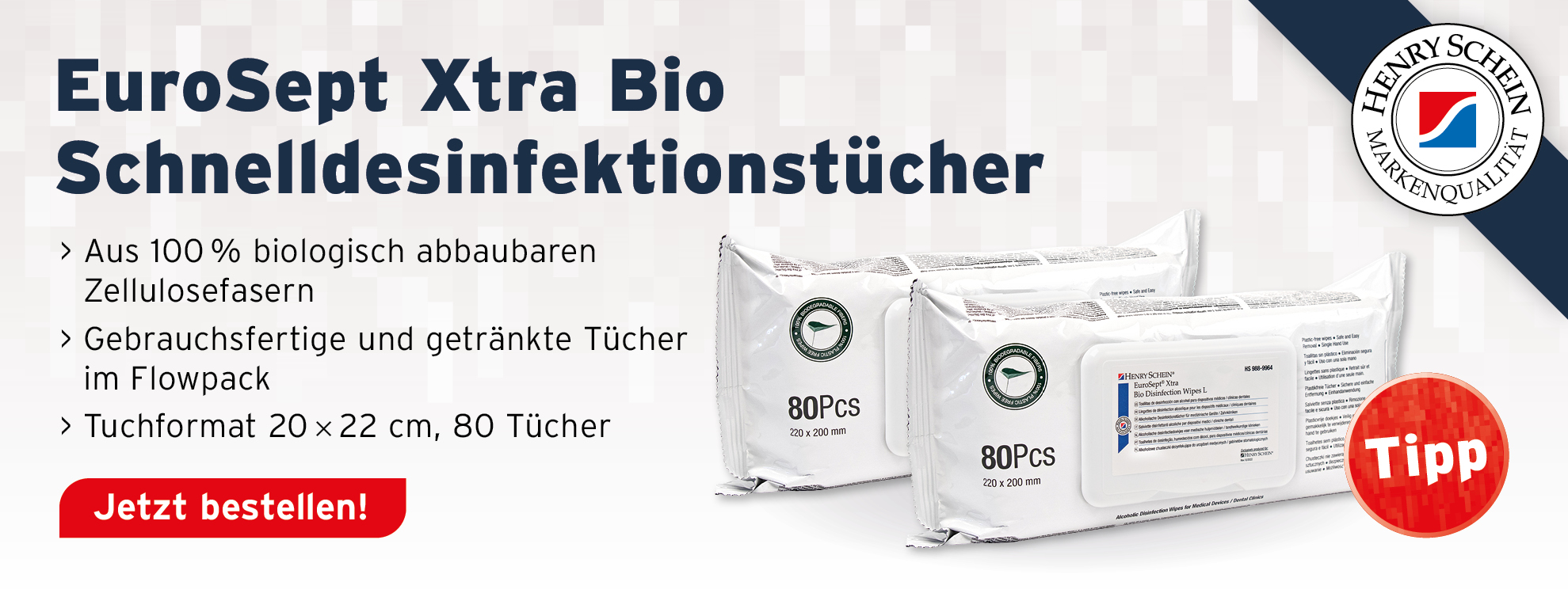 Henry Schein EuroSept Xtra Bio Schnelldesinfektionstuecher, aus 100% biologisch abbaubaren Zellulosefasern, gebrauchsfertige und getraenkte Tuecher im Flowpack, Tuchformat 20 x 22 cm, 80 Tuecher